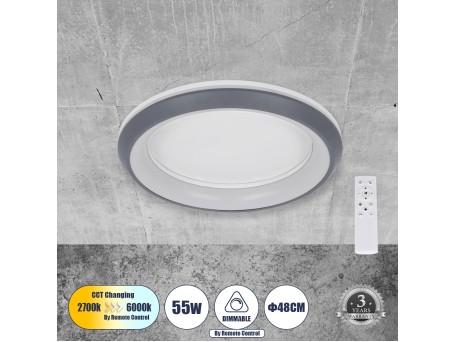 GLOBOSTAR® MELINA 61042 Μοντέρνο Φωτιστικό Οροφής LED 55W 6376lm 120° AC 220-240V IP20 Ρυθμιζόμενο Λευκό CCT με Χειριστήριο από 2700K έως 6000K Dimmable - Lumileds SMD Chip - Γκρι - Μ48 x Π48 x Υ9cm - 3 Χρόνια Εγγύηση
