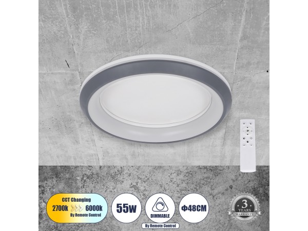GLOBOSTAR® MELINA 61042 Μοντέρνο Φωτιστικό Οροφής LED 55W 6376lm 120° AC 220-240V IP20 Ρυθμιζόμενο Λευκό CCT με Χειριστήριο από 2700K έως 6000K Dimmable - Lumileds SMD Chip - Γκρι - Μ48 x Π48 x Υ9cm - 3 Χρόνια Εγγύηση