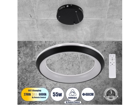 GLOBOSTAR® MELINA 61043 Μοντέρνο Κρεμαστό Φωτιστικό Οροφής LED 55W 6376lm 120° AC 220-240V IP20 Ρυθμιζόμενο Λευκό CCT με Χειριστήριο από 2700K έως 6000K Dimmable - Lumileds SMD Chip - Μαύρο Ματ - Μ48 x Π48 x Υ6.5cm - 3 Χρόνια Εγγύηση