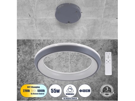 GLOBOSTAR® MELINA 61045 Μοντέρνο Κρεμαστό Φωτιστικό Οροφής LED 55W 6376lm 120° AC 220-240V IP20 Ρυθμιζόμενο Λευκό CCT με Χειριστήριο από 2700K έως 6000K Dimmable - Lumileds SMD Chip - Γκρι & Λευκό - Μ48 x Π48 x Υ6.5cm - 3 Χρόνια Εγγύηση