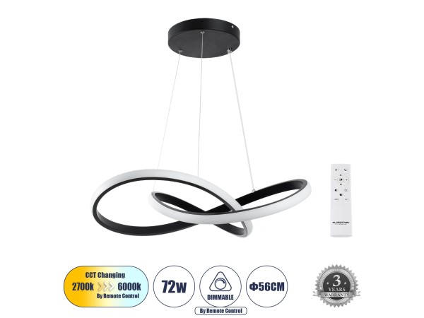 GLOBOSTAR® DEXTER 61049 Μοντέρνο Κρεμαστό Φωτιστικό Οροφής LED 72W 8064lm 300° AC 220-240V IP20 Ρυθμιζόμενο Λευκό CCT με Χειριστήριο από 2700K έως 6000K Dimmable - Lumileds SMD Chip - Μαύρο Ματ - Μ56 x Π56 x Υ14cm - 3 Χρόνια Εγγύηση