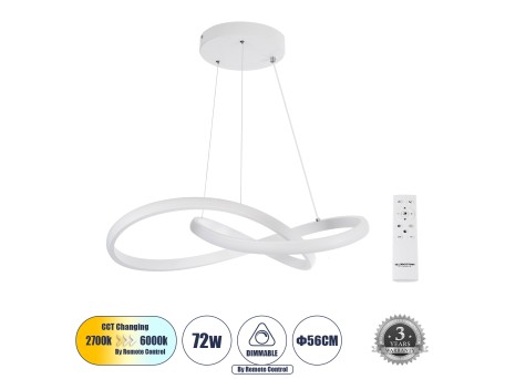 GLOBOSTAR® DEXTER 61050 Μοντέρνο Κρεμαστό Φωτιστικό Οροφής LED 72W 8064lm 300° AC 220-240V IP20 Ρυθμιζόμενο Λευκό CCT με Χειριστήριο από 2700K έως 6000K Dimmable - Lumileds SMD Chip - Λευκό Ματ - Μ56 x Π56 x Υ14cm - 3 Χρόνια Εγγύηση