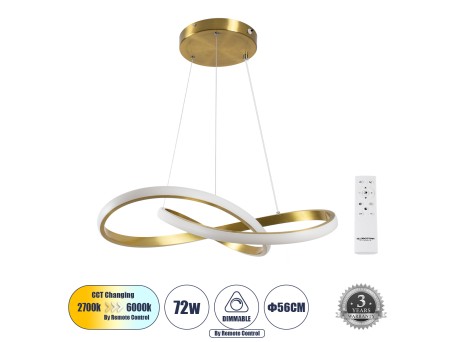 GLOBOSTAR® DEXTER 61051 Μοντέρνο Κρεμαστό Φωτιστικό Οροφής LED 72W 8064lm 300° AC 220-240V IP20 Ρυθμιζόμενο Λευκό CCT με Χειριστήριο από 2700K έως 6000K Dimmable - Lumileds SMD Chip - Χρυσό Βούρτσας - Μ56 x Π56 x Υ14cm - 3 Χρόνια Εγγύηση