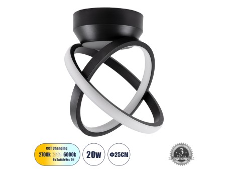 GLOBOSTAR® AMELIA 61052 Μοντέρνο Φωτιστικό Οροφής LED 20W 2400lm 300° AC 220-240V IP20 Ρυθμιζόμενο Λευκό CCT με On/Off 2700K/4500K/6000K - Lumileds SMD Chip - Μαύρο Ματ - Μ24.5 x Π16 x Υ25cm - 3 Χρόνια Εγγύηση