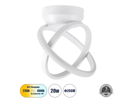 GLOBOSTAR® AMELIA 61053 Μοντέρνο Φωτιστικό Οροφής LED 20W 2400lm 300° AC 220-240V IP20 Ρυθμιζόμενο Λευκό CCT με On/Off 2700K/4500K/6000K - Lumileds SMD Chip - Λευκό Ματ - Μ24.5 x Π16 x Υ25cm - 3 Χρόνια Εγγύηση