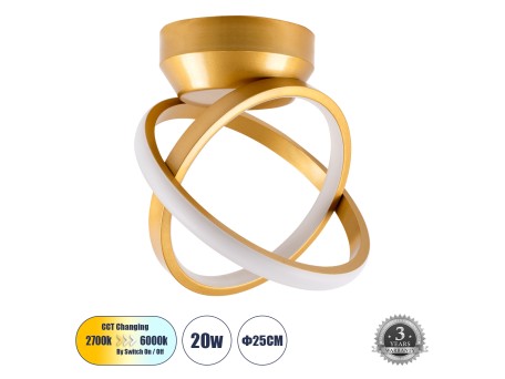 GLOBOSTAR® AMELIA 61054 Μοντέρνο Φωτιστικό Οροφής LED 20W 2400lm 300° AC 220-240V IP20 Ρυθμιζόμενο Λευκό CCT με On/Off 2700K/4500K/6000K - Lumileds SMD Chip - Χρυσό Βούρτσας - Μ24.5 x Π16 x Υ25cm - 3 Χρόνια Εγγύηση