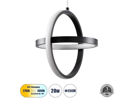 GLOBOSTAR® ALICE 61055 Μοντέρνο Κρεμαστό Φωτιστικό Οροφής LED 20W 2400lm 300° AC 220-240V IP20 Ρυθμιζόμενο Λευκό CCT με On/Off 2700K/4500K/6000K - Lumileds SMD Chip - Μαύρο Ματ - Μ25 x Π22 x Υ25cm - 3 Χρόνια Εγγύηση