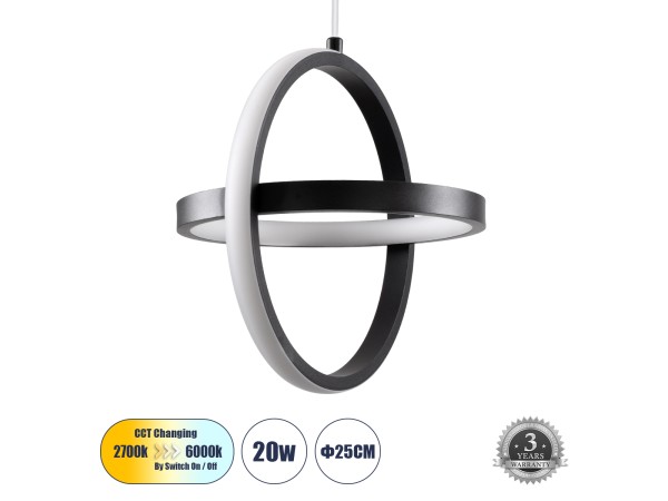 GLOBOSTAR® ALICE 61055 Μοντέρνο Κρεμαστό Φωτιστικό Οροφής LED 20W 2400lm 300° AC 220-240V IP20 Ρυθμιζόμενο Λευκό CCT με On/Off 2700K/4500K/6000K - Lumileds SMD Chip - Μαύρο Ματ - Μ25 x Π22 x Υ25cm - 3 Χρόνια Εγγύηση