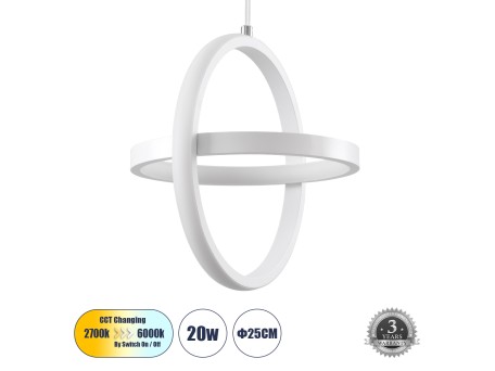 GLOBOSTAR® ALICE 61056 Μοντέρνο Κρεμαστό Φωτιστικό Οροφής LED 20W 2400lm 300° AC 220-240V IP20 Ρυθμιζόμενο Λευκό CCT με On/Off 2700K/4500K/6000K - Lumileds SMD Chip - Λευκό Ματ - Μ25 x Π22 x Υ25cm - 3 Χρόνια Εγγύηση