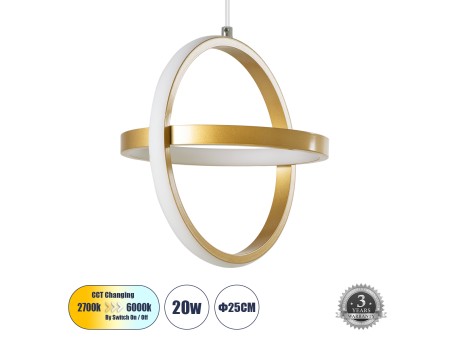 GLOBOSTAR® ALICE 61057 Μοντέρνο Κρεμαστό Φωτιστικό Οροφής LED 20W 2400lm 300° AC 220-240V IP20 Ρυθμιζόμενο Λευκό CCT με On/Off 2700K/4500K/6000K - Lumileds SMD Chip - Χρυσό Βούρτσας - Μ25 x Π22 x Υ25cm - 3 Χρόνια Εγγύηση