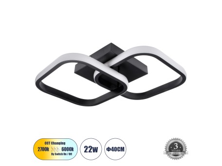GLOBOSTAR® NORA 61061 Μοντέρνο Φωτιστικό Οροφής LED 22W 2640lm 300° AC 220-240V IP20 Ρυθμιζόμενο Λευκό CCT με On/Off 2700K/4500K/6000K - Lumileds SMD Chip - Μαύρο Ματ - Μ40 x Π24 x Υ7cm - 3 Χρόνια Εγγύηση