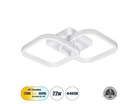 GLOBOSTAR® NORA 61062 Μοντέρνο Φωτιστικό Οροφής LED 22W 2640lm 300° AC 220-240V IP20 Ρυθμιζόμενο Λευκό CCT με On/Off 2700K/4500K/6000K - Lumileds SMD Chip - Λευκό Ματ - Μ40 x Π24 x Υ7cm - 3 Χρόνια Εγγύηση