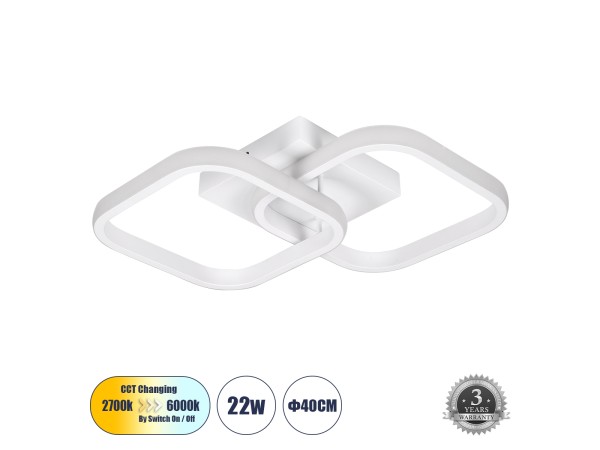 GLOBOSTAR® NORA 61062 Μοντέρνο Φωτιστικό Οροφής LED 22W 2640lm 300° AC 220-240V IP20 Ρυθμιζόμενο Λευκό CCT με On/Off 2700K/4500K/6000K - Lumileds SMD Chip - Λευκό Ματ - Μ40 x Π24 x Υ7cm - 3 Χρόνια Εγγύηση