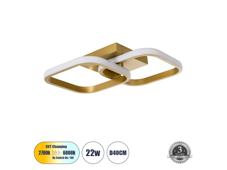 GLOBOSTAR® NORA 61063 Μοντέρνο Φωτιστικό Οροφής LED 22W 2640lm 300° AC 220-240V IP20 Ρυθμιζόμενο Λευκό CCT με On/Off 2700K/4500K/6000K - Lumileds SMD Chip - Χρυσό Βούρτσας - Μ40 x Π24 x Υ7cm - 3 Χρόνια Εγγύηση