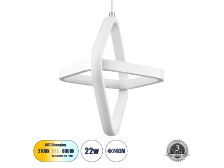 GLOBOSTAR® ROSE 61065 Μοντέρνο Κρεμαστό Φωτιστικό Οροφής LED 22W 2640lm 300° AC 220-240V IP20 Ρυθμιζόμενο Λευκό CCT με On/Off 2700K/4500K/6000K - Lumileds SMD Chip - Λευκό Ματ - Μ24 x Π22 x Υ24cm - 3 Χρόνια Εγγύηση
