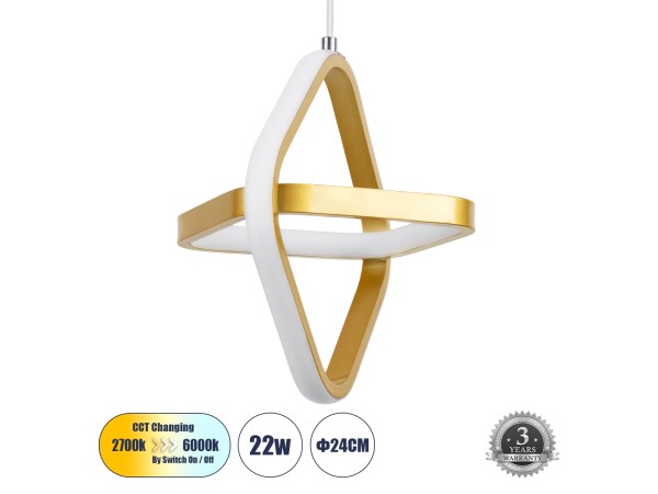 GLOBOSTAR® ROSE 61066 Μοντέρνο Κρεμαστό Φωτιστικό Οροφής LED 22W 2640lm 300° AC 220-240V IP20 Ρυθμιζόμενο Λευκό CCT με On/Off 2700K/4500K/6000K - Lumileds SMD Chip - Χρυσό Βούρτσας - Μ24 x Π22 x Υ24cm - 3 Χρόνια Εγγύηση