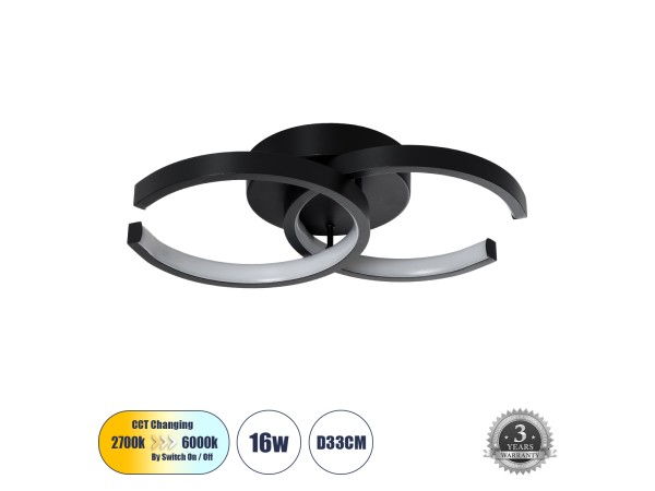 GLOBOSTAR® EVA 61067 Μοντέρνο Φωτιστικό Οροφής LED 16W 1920lm 300° AC 220-240V IP20 Ρυθμιζόμενο Λευκό CCT με On/Off 2700K/4500K/6000K - Lumileds SMD Chip - Μαύρο Ματ - Μ33 x Π21 x Υ7cm - 3 Χρόνια Εγγύηση