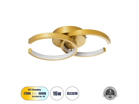 GLOBOSTAR® EVA 61069 Μοντέρνο Φωτιστικό Οροφής LED 16W 1920lm 300° AC 220-240V IP20 Ρυθμιζόμενο Λευκό CCT με On/Off 2700K/4500K/6000K - Lumileds SMD Chip - Χρυσό Βούρτσας - Μ33 x Π21 x Υ7cm - 3 Χρόνια Εγγύηση