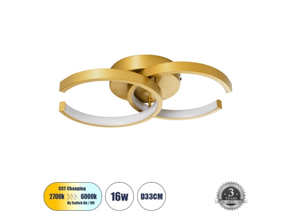 GLOBOSTAR® EVA 61069 Μοντέρνο Φωτιστικό Οροφής LED 16W 1920lm 300° AC 220-240V IP20 Ρυθμιζόμενο Λευκό CCT με On/Off 2700K/4500K/6000K - Lumileds SMD Chip - Χρυσό Βούρτσας - Μ33 x Π21 x Υ7cm - 3 Χρόνια Εγγύηση