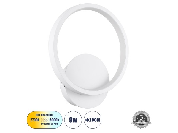 GLOBOSTAR® TED 61071 Μοντέρνο Φωτιστικό Τοίχου - Απλίκα LED 9W 1080lm 300° AC 220-240V IP20 Ρυθμιζόμενο Λευκό CCT με On/Off 2700K/4500K/6000K - Lumileds SMD Chip - Λευκό Ματ - Μ20 x Π5.5 x Υ23cm - 3 Χρόνια Εγγύηση