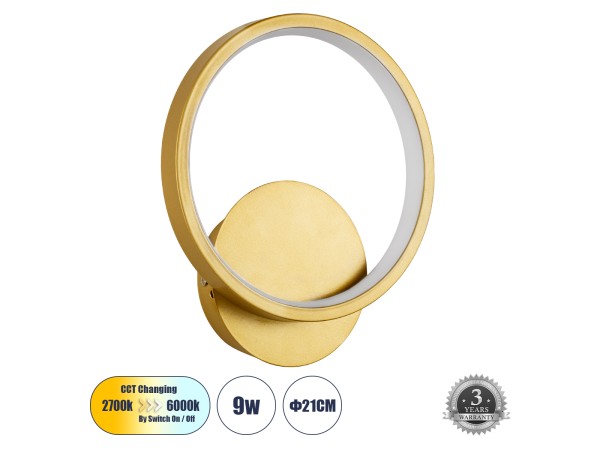 GLOBOSTAR® TED 61072 Μοντέρνο Φωτιστικό Τοίχου - Απλίκα LED 9W 1080lm 300° AC 220-240V IP20 Ρυθμιζόμενο Λευκό CCT με On/Off 2700K/4500K/6000K - Lumileds SMD Chip - Χρυσό Βούρτσας - Μ20 x Π5.5 x Υ23cm - 3 Χρόνια Εγγύηση