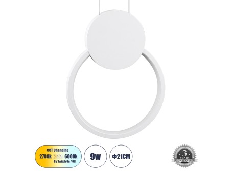 GLOBOSTAR® CYCLOS 61074 Μοντέρνο Κρεμαστό Φωτιστικό Οροφής LED 9W 1080lm 300° AC 220-240V IP20 Ρυθμιζόμενο Λευκό CCT με On/Off 2700K/4500K/6000K - Lumileds SMD Chip - Λευκό Ματ - Μ21 x Π2.3 x Υ26.5cm - 3 Χρόνια Εγγύηση