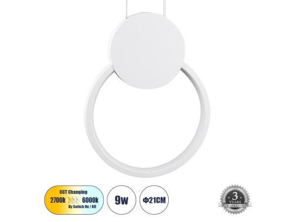 GLOBOSTAR® CYCLOS 61074 Μοντέρνο Κρεμαστό Φωτιστικό Οροφής LED 9W 1080lm 300° AC 220-240V IP20 Ρυθμιζόμενο Λευκό CCT με On/Off 2700K/4500K/6000K - Lumileds SMD Chip - Λευκό Ματ - Μ21 x Π2.3 x Υ26.5cm - 3 Χρόνια Εγγύηση
