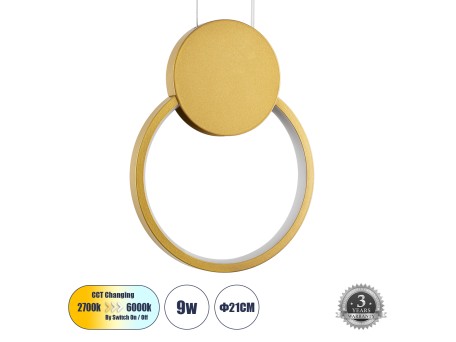 GLOBOSTAR® CYCLOS 61075 Μοντέρνο Κρεμαστό Φωτιστικό Οροφής LED 9W 1080lm 300° AC 220-240V IP20 Ρυθμιζόμενο Λευκό CCT με On/Off 2700K/4500K/6000K - Lumileds SMD Chip - Χρυσό Βούρτσας - Μ21 x Π2.3 x Υ26.5cm - 3 Χρόνια Εγγύηση