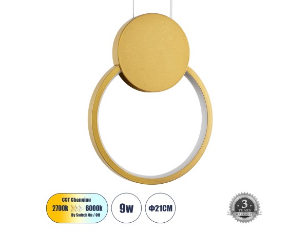 GLOBOSTAR® CYCLOS 61075 Μοντέρνο Κρεμαστό Φωτιστικό Οροφής LED 9W 1080lm 300° AC 220-240V IP20 Ρυθμιζόμενο Λευκό CCT με On/Off 2700K/4500K/6000K - Lumileds SMD Chip - Χρυσό Βούρτσας - Μ21 x Π2.3 x Υ26.5cm - 3 Χρόνια Εγγύηση