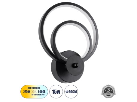 GLOBOSTAR® FREDDIE 61076 Μοντέρνο Φωτιστικό Τοίχου - Απλίκα LED 15W 1800lm 300° AC 220-240V IP20 Ρυθμιζόμενο Λευκό CCT με On/Off 2700K/4500K/6000K - Lumileds SMD Chip - Μαύρο Ματ - Μ20 x Π7.5 x Υ25cm - 3 Χρόνια Εγγύηση