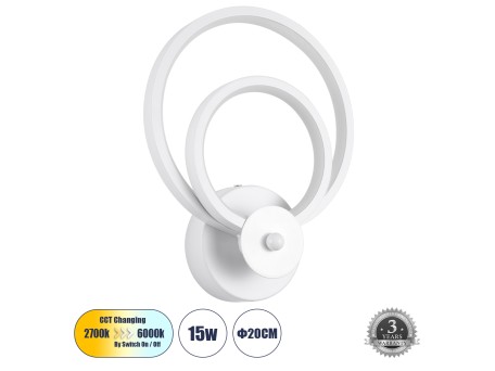 GLOBOSTAR® FREDDIE 61077 Μοντέρνο Φωτιστικό Τοίχου - Απλίκα LED 15W 1800lm 300° AC 220-240V IP20 Ρυθμιζόμενο Λευκό CCT με On/Off 2700K/4500K/6000K - Lumileds SMD Chip - Λευκό Ματ - Μ20 x Π7.5 x Υ25cm - 3 Χρόνια Εγγύηση