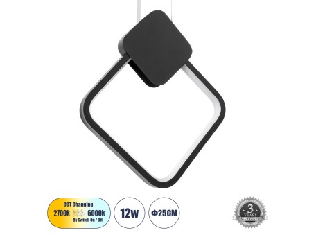 GLOBOSTAR® MARY 61082 Μοντέρνο Κρεμαστό Φωτιστικό Οροφής LED 12W 1440lm 300° AC 220-240V IP20 Ρυθμιζόμενο Λευκό CCT με On/Off 2700K/4500K/6000K - Lumileds SMD Chip - Μαύρο - Μ20 x Π2.3 x Υ28.5cm - 3 Χρόνια Εγγύηση