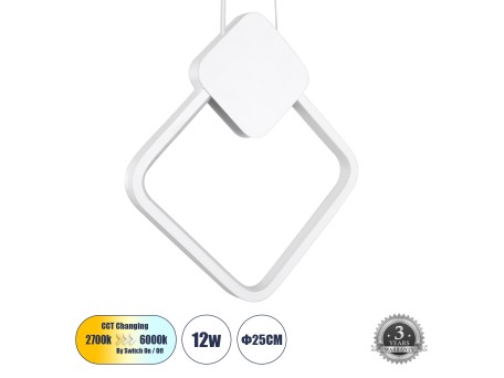 GLOBOSTAR® MARY 61083 Μοντέρνο Κρεμαστό Φωτιστικό Οροφής LED 12W 1440lm 300° AC 220-240V IP20 Ρυθμιζόμενο Λευκό CCT με On/Off 2700K/4500K/6000K - Lumileds SMD Chip - Λευκό - Μ20 x Π2.3 x Υ28.5cm - 3 Χρόνια Εγγύηση