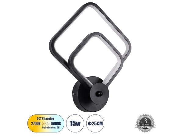 GLOBOSTAR® ANNA 61085 Μοντέρνο Φωτιστικό Τοίχου - Απλίκα LED 15W 1800lm 300° AC 220-240V IP20 Ρυθμιζόμενο Λευκό CCT με On/Off 2700K/4500K/6000K - Lumileds SMD Chip - Μαύρο Ματ - Μ25 x Π8 x Υ30cm - 3 Χρόνια Εγγύηση