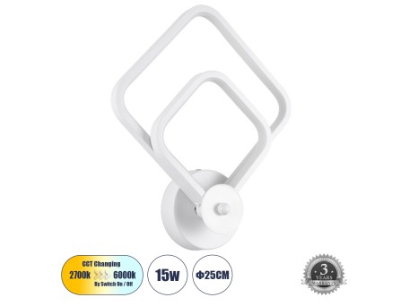 GLOBOSTAR® ANNA 61086 Μοντέρνο Φωτιστικό Τοίχου - Απλίκα LED 15W 1800lm 300° AC 220-240V IP20 Ρυθμιζόμενο Λευκό CCT με On/Off 2700K/4500K/6000K - Lumileds SMD Chip - Λευκό Ματ - Μ25 x Π8 x Υ30cm - 3 Χρόνια Εγγύηση