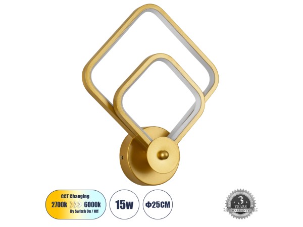 GLOBOSTAR® ANNA 61087 Μοντέρνο Φωτιστικό Τοίχου - Απλίκα LED 15W 1800lm 300° AC 220-240V IP20 Ρυθμιζόμενο Λευκό CCT με On/Off 2700K/4500K/6000K - Lumileds SMD Chip - Χρυσό Βούρτσας - Μ25 x Π8 x Υ30cm - 3 Χρόνια Εγγύηση