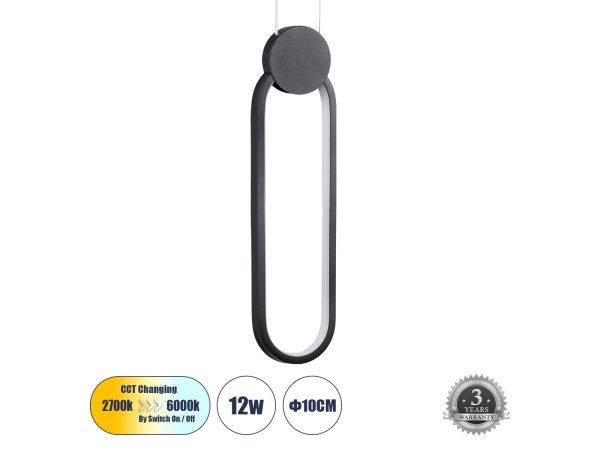 GLOBOSTAR® ILDI 61088 Μοντέρνο Κρεμαστό Φωτιστικό Οροφής LED 12W 1440lm 300° AC 220-240V IP20 Ρυθμιζόμενο Λευκό CCT με On/Off 2700K/4500K/6000K - Lumileds SMD Chip - Μαύρο Ματ- Μ10 x Π2.3 x Υ38cm - 3 Χρόνια Εγγύηση
