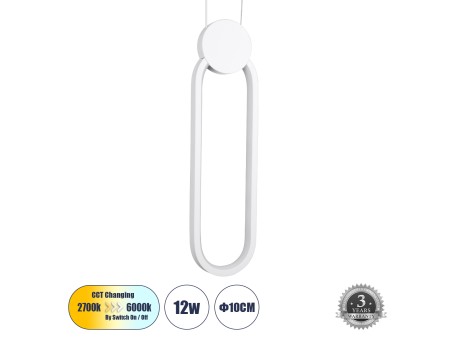 GLOBOSTAR® ILDI 61089 Μοντέρνο Κρεμαστό Φωτιστικό Οροφής LED 12W 1440lm 300° AC 220-240V IP20 Ρυθμιζόμενο Λευκό CCT με On/Off 2700K/4500K/6000K - Lumileds SMD Chip - Λευκό Ματ - Μ10 x Π2.3 x Υ38cm - 3 Χρόνια Εγγύηση