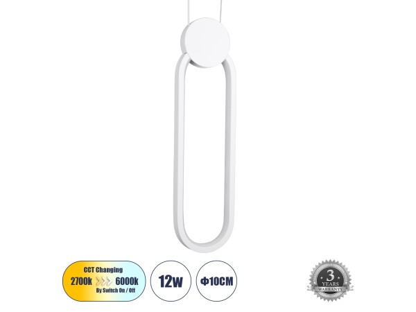 GLOBOSTAR® ILDI 61089 Μοντέρνο Κρεμαστό Φωτιστικό Οροφής LED 12W 1440lm 300° AC 220-240V IP20 Ρυθμιζόμενο Λευκό CCT με On/Off 2700K/4500K/6000K - Lumileds SMD Chip - Λευκό Ματ - Μ10 x Π2.3 x Υ38cm - 3 Χρόνια Εγγύηση
