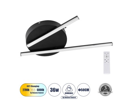 GLOBOSTAR® DRACO 61091 Μοντέρνο Φωτιστικό Οροφής LED 36W 4428lm 120° AC 220-240V IP20 Ρυθμιζόμενο Λευκό CCT με Χειριστήριο από 2700K έως 6000K Dimmable - Lumileds SMD Chip - Μαύρο Ματ - Μ50 x Π50 x Υ6cm - 3 Χρόνια Εγγύηση