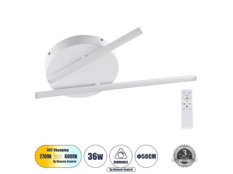 GLOBOSTAR® DRACO 61092 Μοντέρνο Φωτιστικό Οροφής LED 36W 4428lm 120° AC 220-240V IP20 Ρυθμιζόμενο Λευκό CCT με Χειριστήριο από 2700K έως 6000K Dimmable - Lumileds SMD Chip - Λευκό Ματ - Μ50 x Π50 x Υ6cm - 3 Χρόνια Εγγύηση