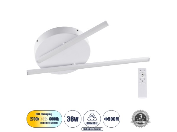 GLOBOSTAR® DRACO 61092 Μοντέρνο Φωτιστικό Οροφής LED 36W 4428lm 120° AC 220-240V IP20 Ρυθμιζόμενο Λευκό CCT με Χειριστήριο από 2700K έως 6000K Dimmable - Lumileds SMD Chip - Λευκό Ματ - Μ50 x Π50 x Υ6cm - 3 Χρόνια Εγγύηση