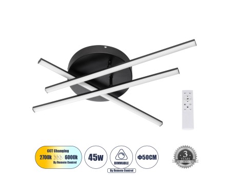 GLOBOSTAR® DRACO 61093 Μοντέρνο Φωτιστικό Οροφής LED 45W 5535lm 120° AC 220-240V IP20 Ρυθμιζόμενο Λευκό CCT με Χειριστήριο από 2700K έως 6000K Dimmable - Lumileds SMD Chip - Μαύρο Ματ - Μ50 x Π50 x Υ11cm - 3 Χρόνια Εγγύηση