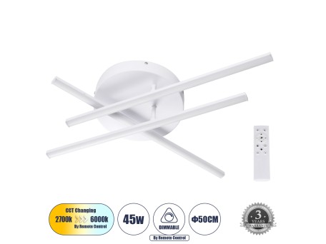 GLOBOSTAR® DRACO 61094 Μοντέρνο Φωτιστικό Οροφής LED 45W 5535lm 120° AC 220-240V IP20 Ρυθμιζόμενο Λευκό CCT με Χειριστήριο από 2700K έως 6000K Dimmable - Lumileds SMD Chip - Λευκό Ματ - Μ50 x Π50 x Υ11cm - 3 Χρόνια Εγγύηση