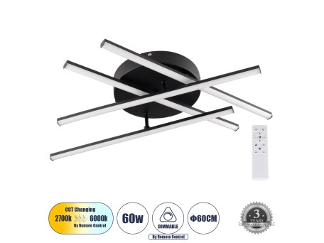 GLOBOSTAR® DRACO 61095 Μοντέρνο Φωτιστικό Οροφής LED 60W 7380lm 120° AC 220-240V IP20 Ρυθμιζόμενο Λευκό CCT με Χειριστήριο από 2700K έως 6000K Dimmable - Lumileds SMD Chip - Μαύρο Ματ - Μ60 x Π60 x Υ11cm - 3 Χρόνια Εγγύηση