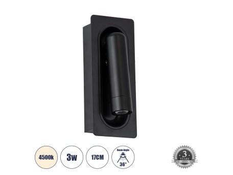 GLOBOSTAR® MANHATTAN 61097 Μοντέρνο Φωτιστικό Τοίχου - Απλίκα Ξενοδοχείου Reading Light LED 3W 405lm 36° AC 220-240V IP20 Φυσικό Λευκό 4500K - Bridgelux COB Chip & TÜV SÜD Driver - Μαύρο - Μ7 x Π7 x Υ17cm - 3 Χρόνια Εγγύηση