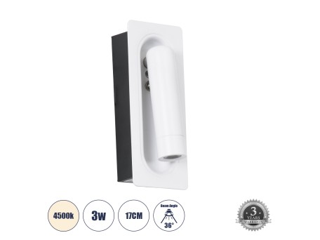 GLOBOSTAR® MANHATTAN 61098 Μοντέρνο Φωτιστικό Τοίχου - Απλίκα Ξενοδοχείου Reading Light LED 3W 405lm 36° AC 220-240V IP20 Φυσικό Λευκό 4500K - Bridgelux COB Chip & TÜV SÜD Driver - Λευκό - Μ7 x Π7 x Υ17cm - 3 Χρόνια Εγγύηση