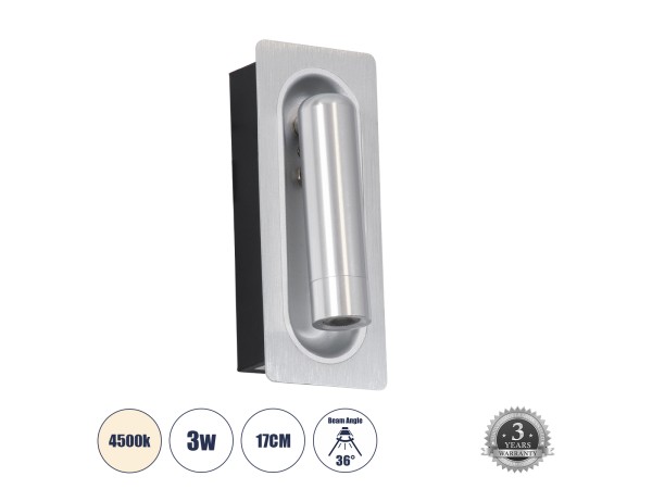 GLOBOSTAR® MANHATTAN 61099 Μοντέρνο Φωτιστικό Τοίχου - Απλίκα Ξενοδοχείου Reading Light LED 3W 405lm 36° AC 220-240V IP20 Φυσικό Λευκό 4500K - Bridgelux COB Chip & TÜV SÜD Driver - Νίκελ Βούρτσας - Μ7 x Π7 x Υ17cm - 3 Χρόνια Εγγύηση GLOBOSTAR® MANHATTAN 61099 Μοντέρνο Φωτιστικό Τοίχου - Απλίκα Ξενοδοχείου Reading Light LED 3W 405lm 36° AC 220-240V IP20 Φυσικό Λευκό 4500K - Bridgelux COB Chip & TÜV SÜD Driver - Νίκελ Βούρτσας - Μ7 x Π7 x Υ17cm - 3 Χρόνια Εγγύηση