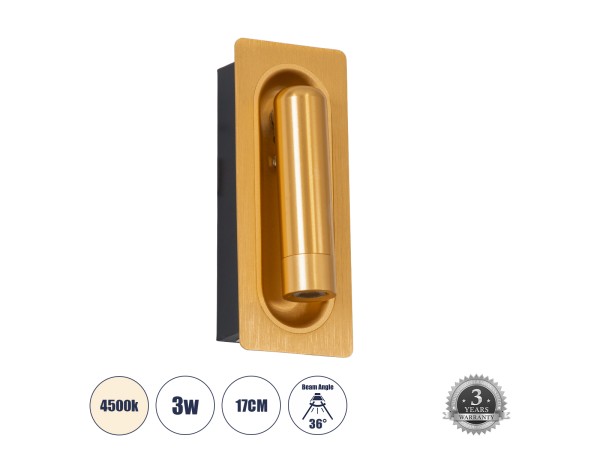 GLOBOSTAR® MANHATTAN 61100 Μοντέρνο Φωτιστικό Τοίχου - Απλίκα Ξενοδοχείου Reading Light LED 3W 405lm 36° AC 220-240V IP20 Φυσικό Λευκό 4500K - Bridgelux COB Chip & TÜV SÜD Driver - Χρυσό Βούρτσας - Μ7 x Π7 x Υ17cm - 3 Χρόνια Εγγύηση