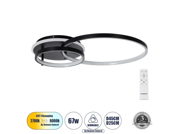 GLOBOSTAR® NEMESIS 61105 Μοντέρνο Φωτιστικό Οροφής LED 67W 6700lm 360° AC 220-240V IP20 Ρυθμιζόμενο Λευκό CCT με Χειριστήριο από 2700K έως 6000K Dimmable - Lumileds SMD Chip - Μαύρο Ματ - Μ84 x Π45 x Υ13cm - 3 Χρόνια Εγγύηση GLOBOSTAR® NEMESIS 61105 Μοντέρνο Φωτιστικό Οροφής LED 67W 6700lm 360° AC 220-240V IP20 Ρυθμιζόμενο Λευκό CCT με Χειριστήριο από 2700K έως 6000K Dimmable - Lumileds SMD Chip - Μαύρο Ματ - Μ84 x Π45 x Υ13cm - 3 Χρόνια Εγγύηση